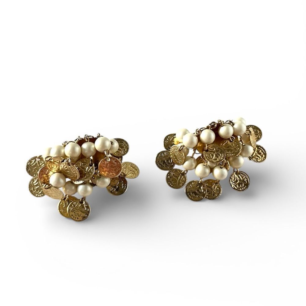 Vintage Gold Coin & Pearl Cluster Dangle Clip Earrings